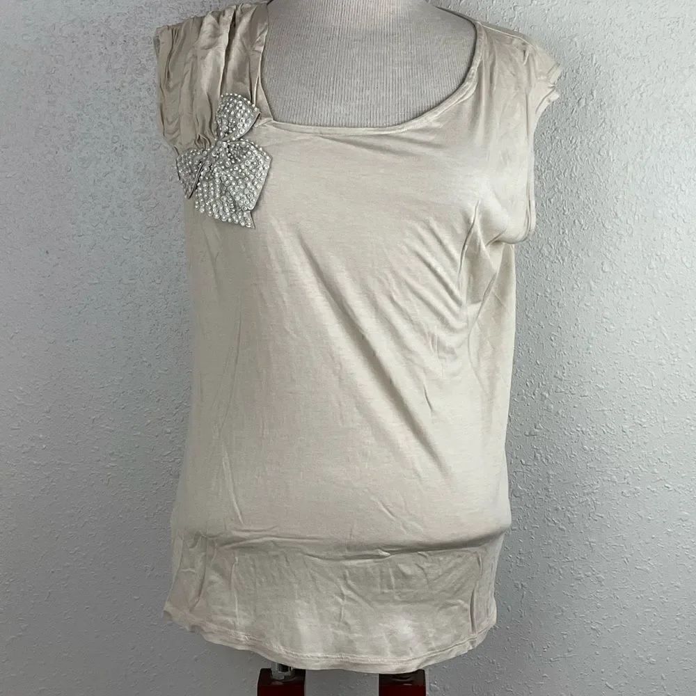 Pre-Loves MNG by Mango Womens Tan Short Sleeve Top with Sequins Bow Size XL